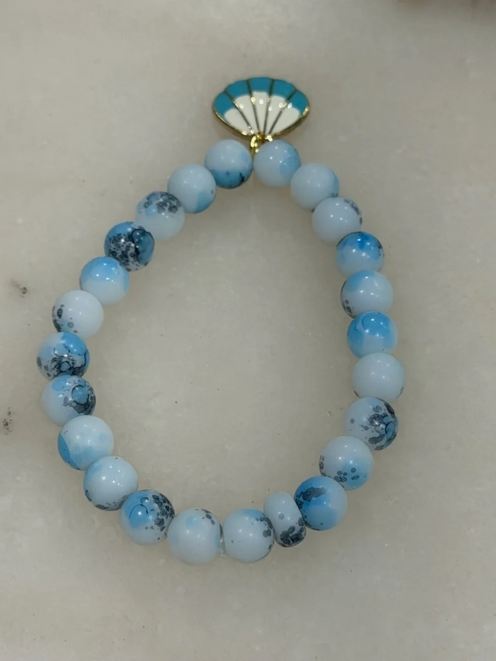 Sea Breeze Blue Beaded Shell Charm Bracelet Coastal Minimalist